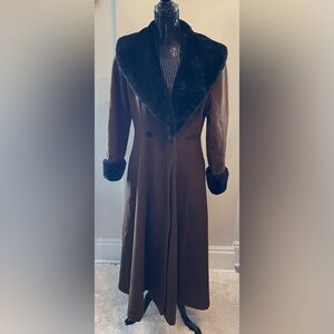 Le Château  Brown Long Skater Coat with Black Faux Fur Collar & Cuffs Size M